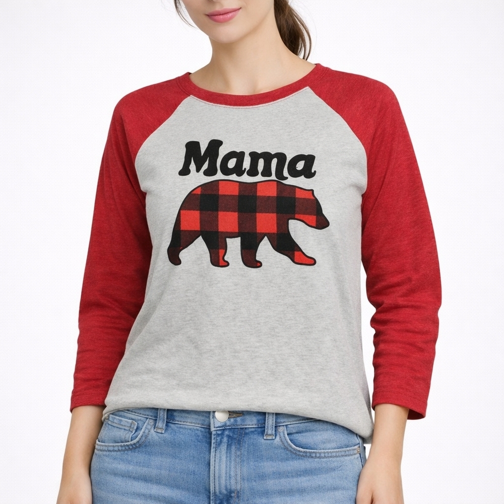 Mama Bear Buffalo Plaid Raglan Baseball Tee –‎ Medium - Picture 2 of 7